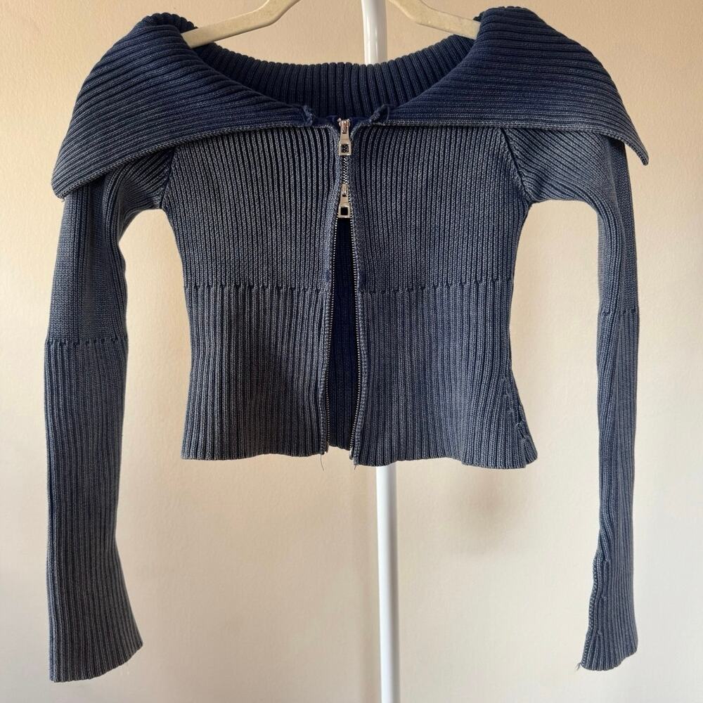 Double Zipper Crop Knit Sweater Wide Collar Off Shoulder- XS Y2K Model Off Duty - Picture 2 of 8